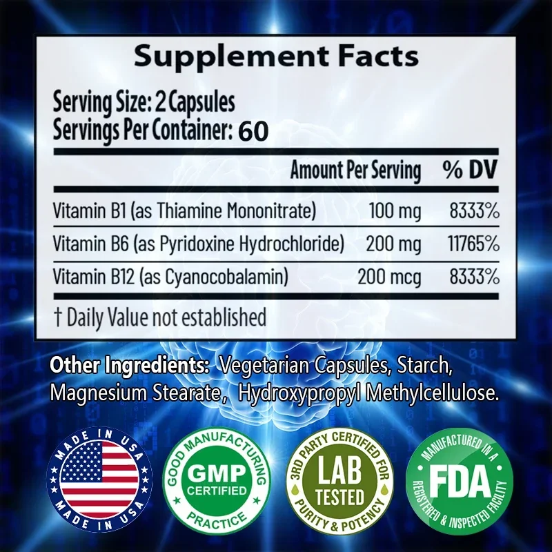 Organic Vitamin B Complex Capsules - Relieve Stress, Support Better Mood, and Improve Mental Clarity, Memory and Concentration