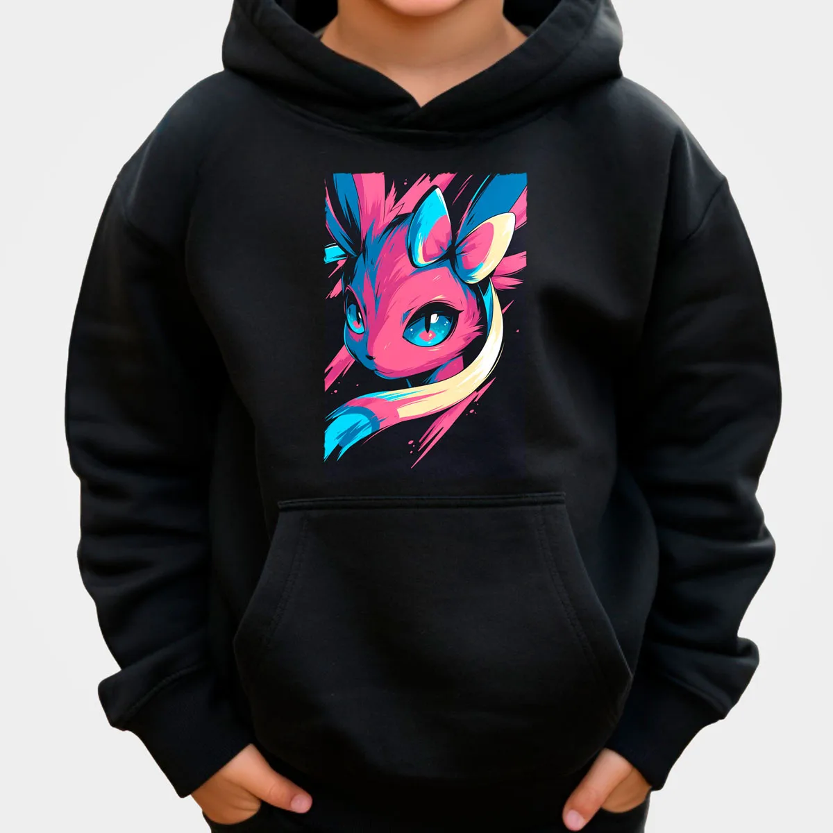 Sudadera con capucha de algodón de Anime Pokemon, Color negro con estampado de personajes de salpicaduras en rosa y azul, ropa de calle informal cálida y holgada para otoño e invierno