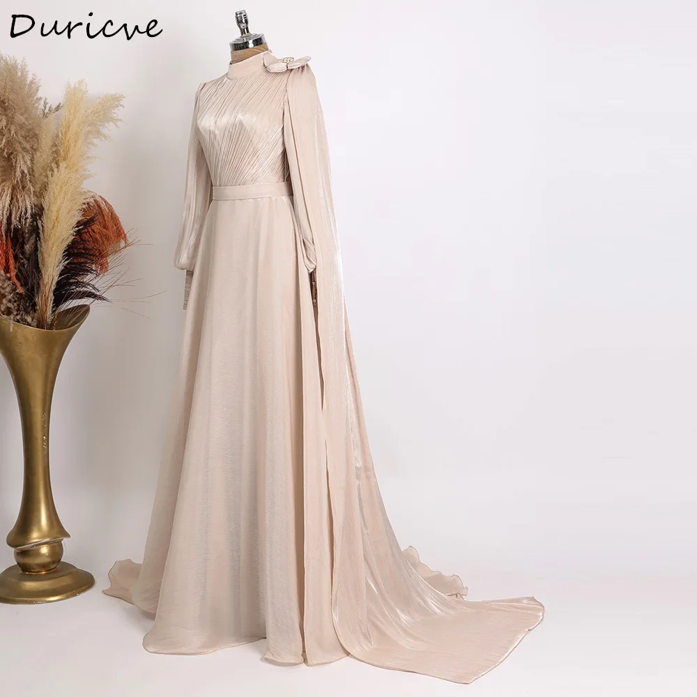 Duricve op maat gemaakte champagne chiffon moslim avondjurken met 3D bloemen, lange mouwen, hoge hals, bescheiden formele gala jurk