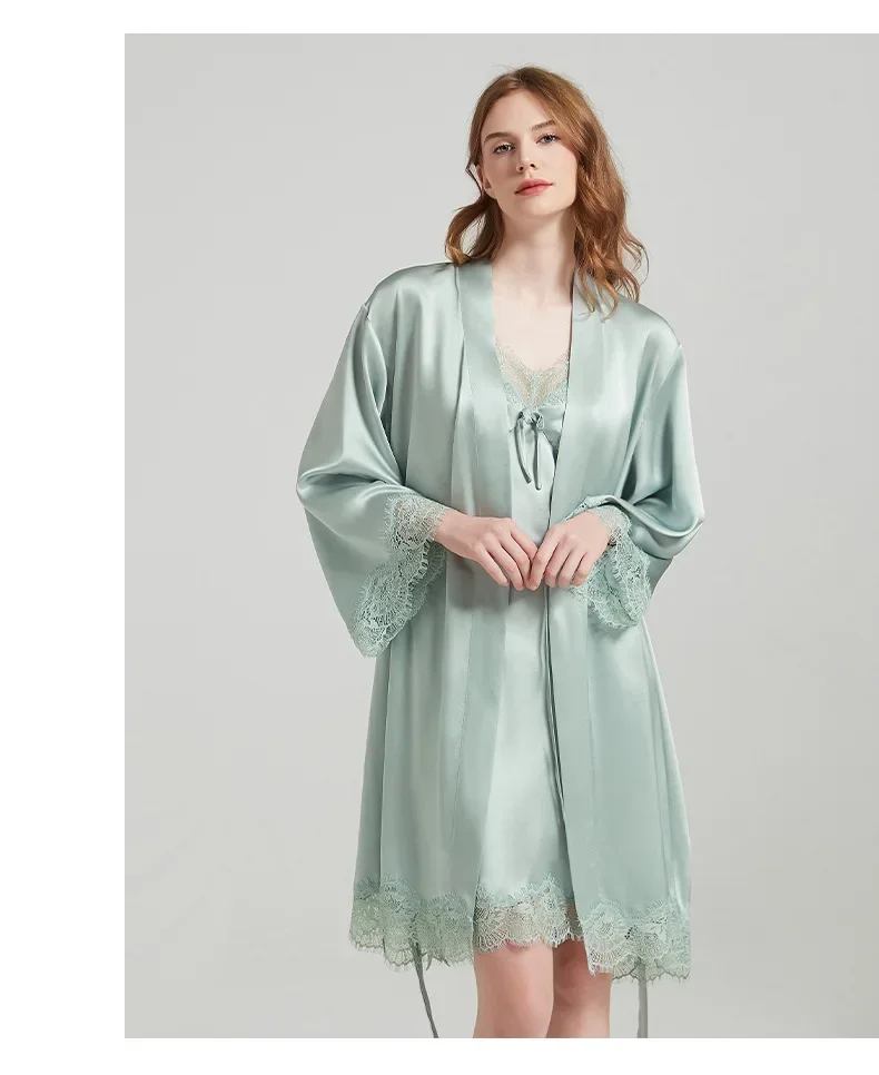 19MM Pure Heavy Silk Shower Robe with Sling Nightdress 2pcs Women's Sleepwear Set Lace Trim Kimono Robes & Nightgown Chemise PJS