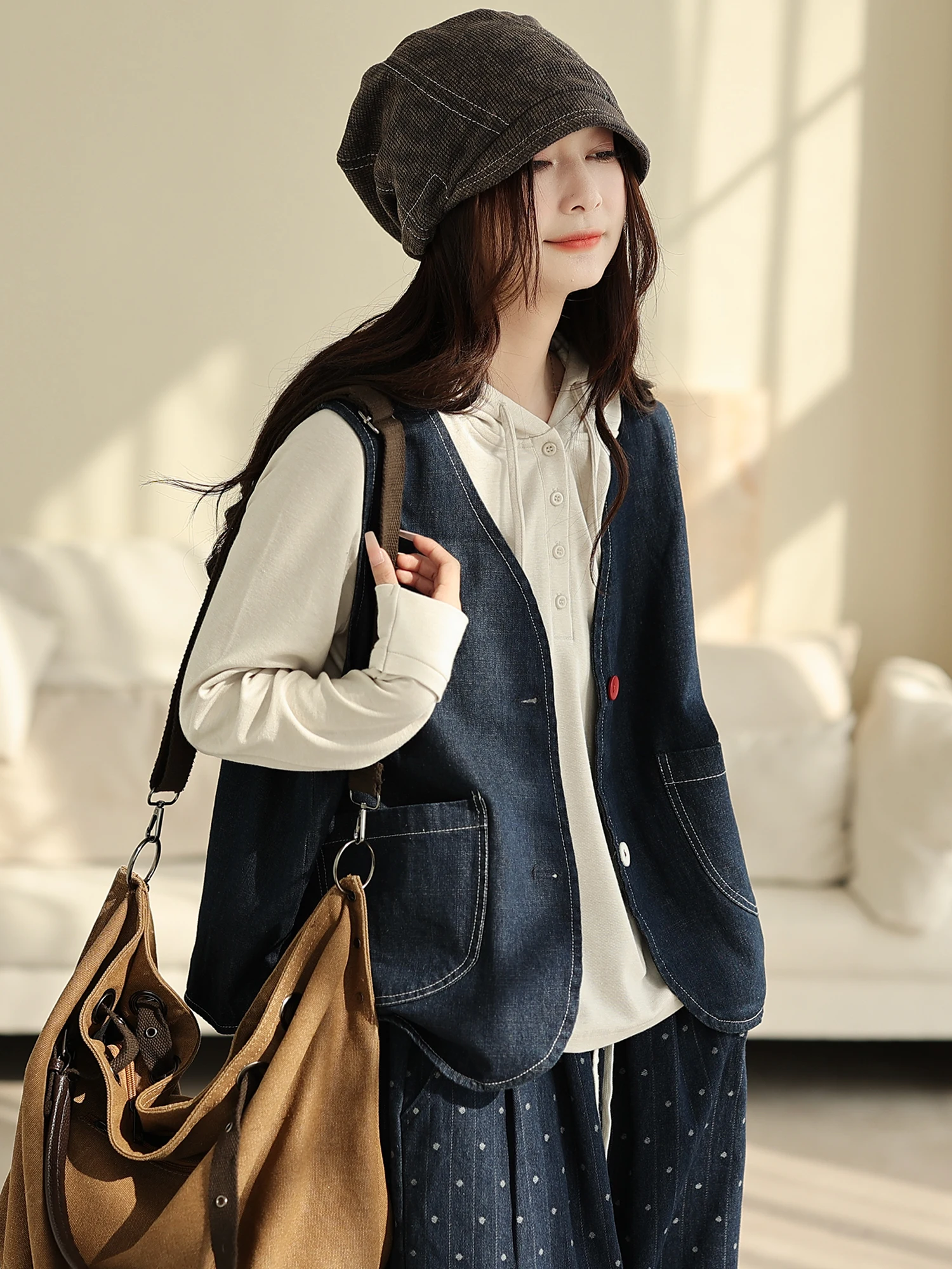 

Kyu Women's Denim Jaet Svel Faion Simple Sle Outerwear Vest Autumn New Arrival Color V-Ne Single Button