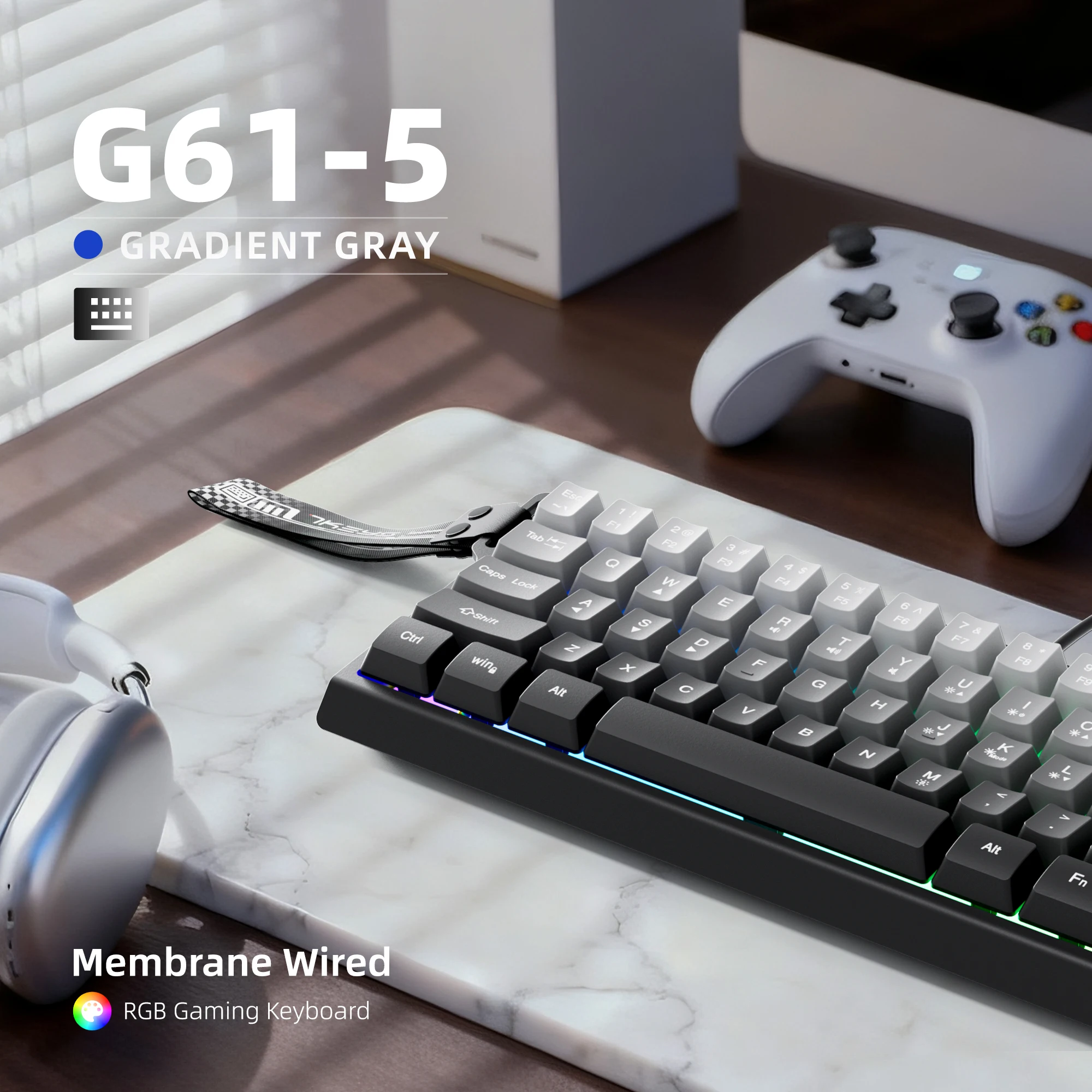 60% Compact Wired Keyboard with RGB Backlighting and Gradient-Colored Keycaps, Suitable for Windows Tablets, Laptops and Gamers.