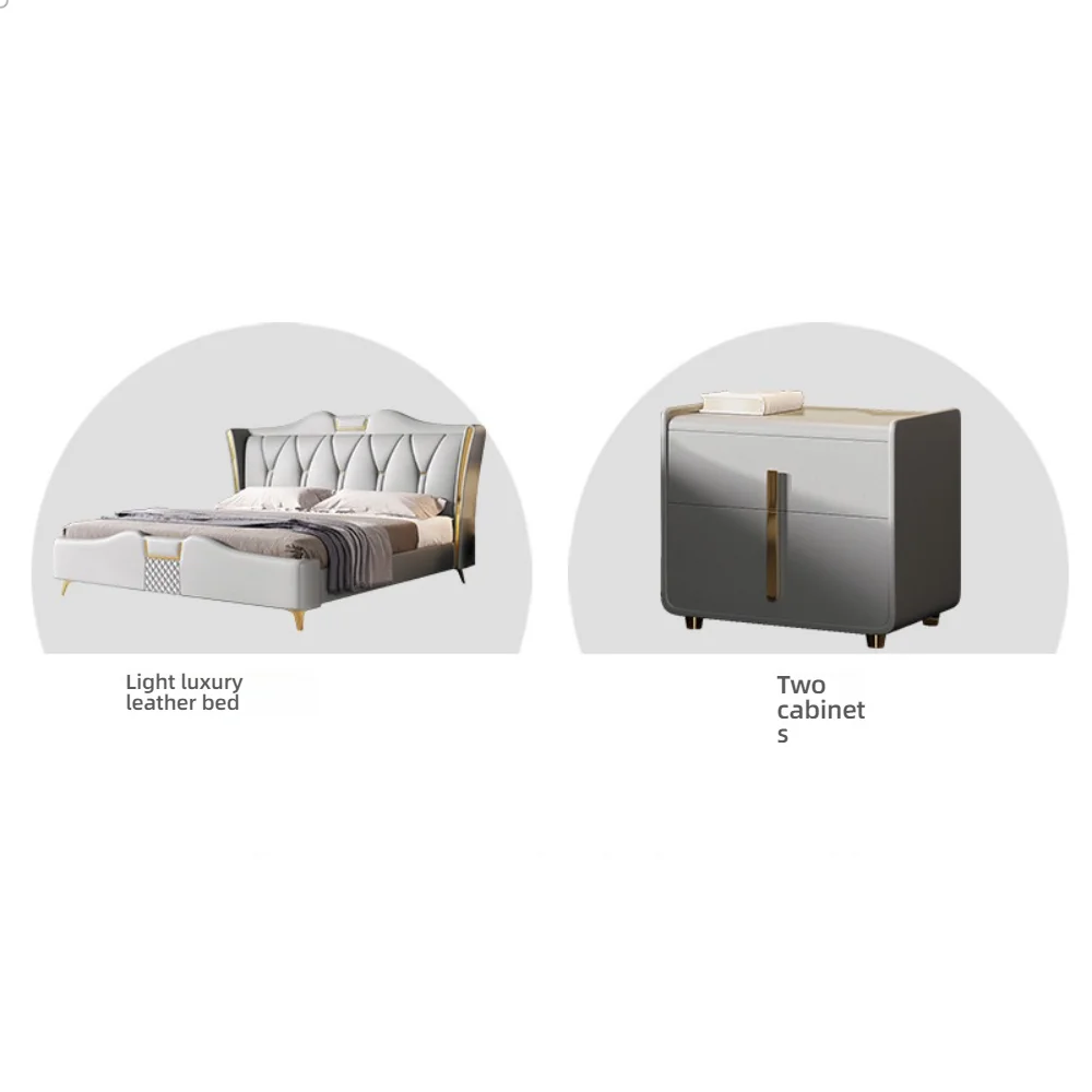 #Modern Minimalist Genuine Leather Soft-Padded Double Bed  High-End Elegant Wedding Bed for Bedroom