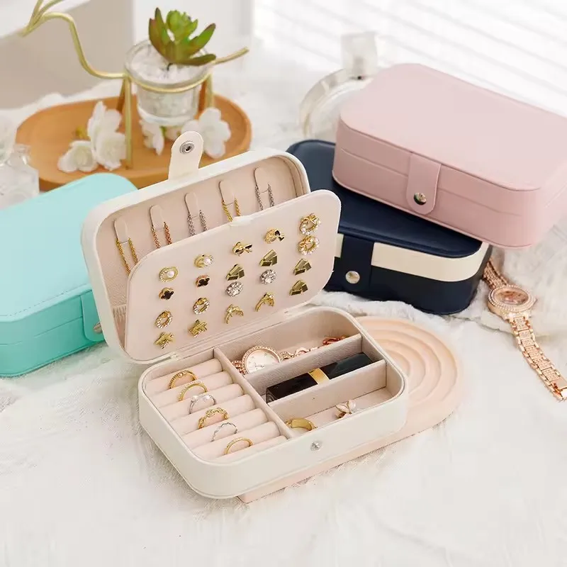 

Portable Travel Jewelry Storage Box Leather Earrings Necklace Ring Jewelry Button Leather Storage Zipper Organizer Box