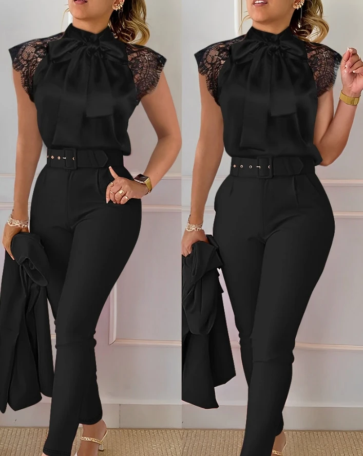 

2 Pcs for Women 2024 Spring Summer Elegant Fashion Short Sleeve Contrast Lace Tie Neck Top & High Waist Daily Work Pants Set