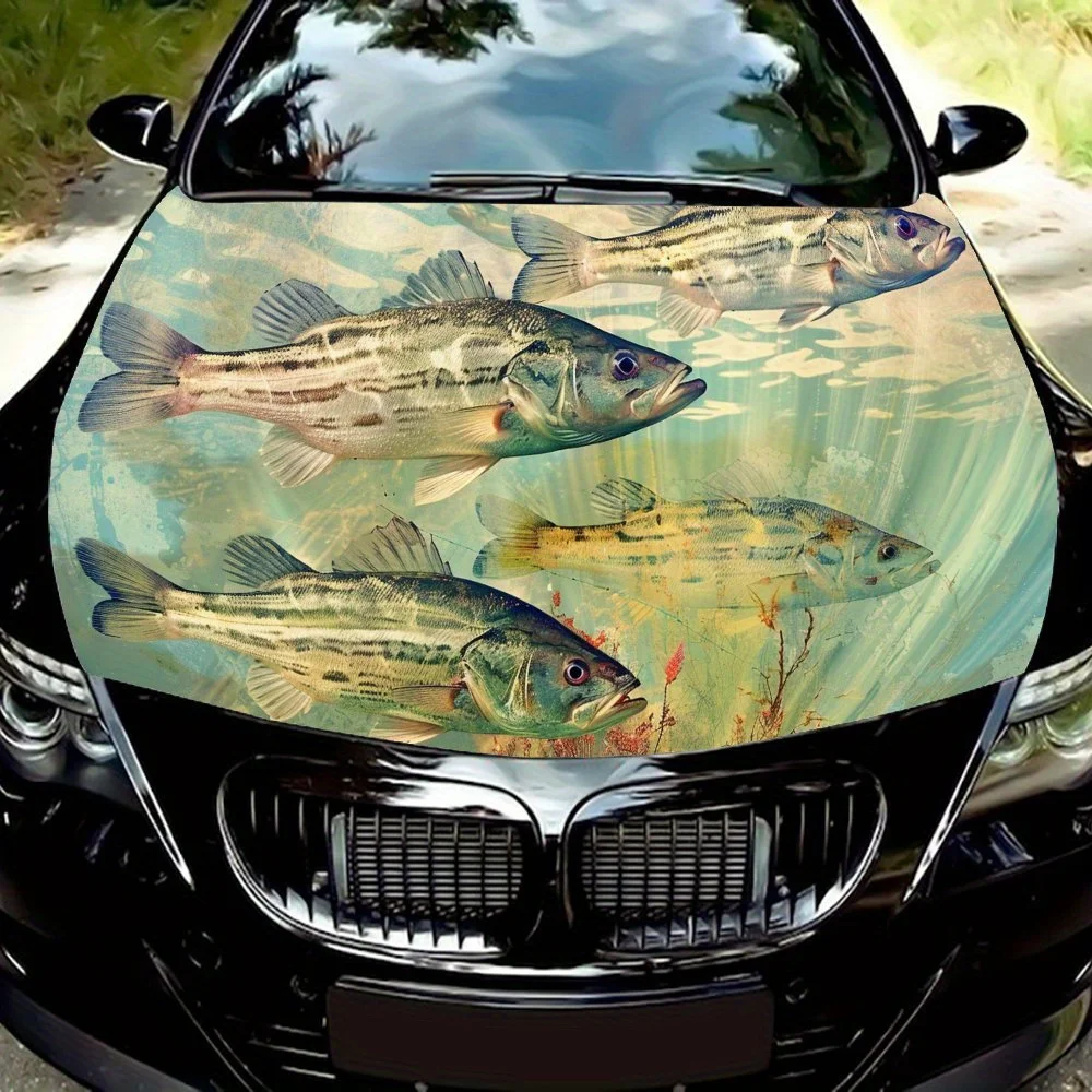 

Fishing Scene Bass Fish Art Car Vinyl Wrap, PVC Waterproof Car Hood Sticker, Self-Adhesive Scratch-Resistant Stickers for Engine