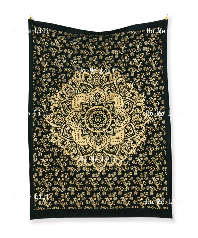 Indian Mandala Tapestry With Golden Lotus On Black Fabric Small Wallhanging