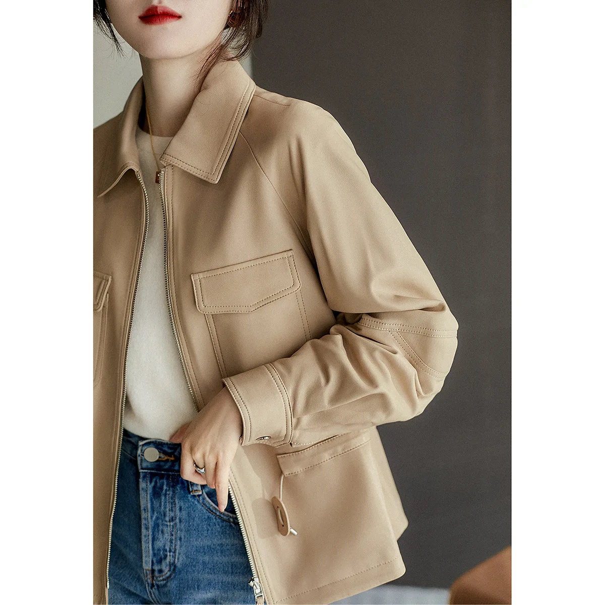 2022 New Spring and Autumn Waist Mid-length Leather Coat Genuine Real Sheepskin Leather Jacket W4