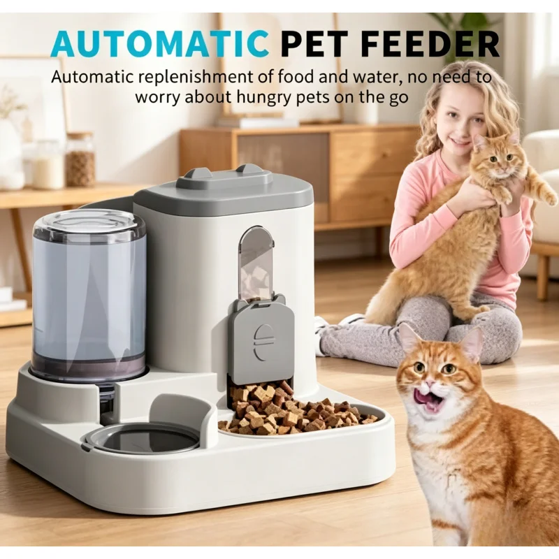 Automatic Cat Bowl Feeder with Water Fountain, Spill Proof Pet Food Dispenser for Small Medium Large Cats and Dogs
