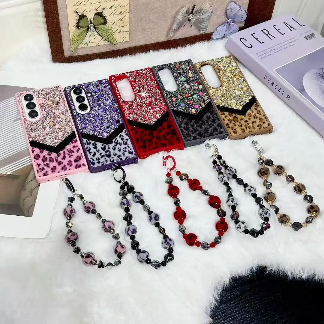 

Luxury Unique Elegant Leopard Plush Pearl Strap Wrist Phone Case Cover For Samsung Galaxy Z Fold 7 6 5 4 3