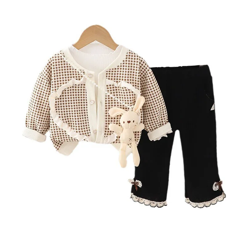 

Baby Gilr Boutique Clothing Set 2024 Spring Autumn Korean Single Breasted Plaid Jackets + T-shirts + Pants Kids Girls Outfits