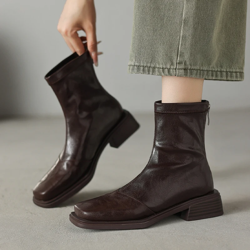 

Square Toe Heeled Women Snow Boots 2025 Fashion Zip Leather Shoes Winter Chunky Chelsea Boots Walking Comfort Shoes Botas Mujer
