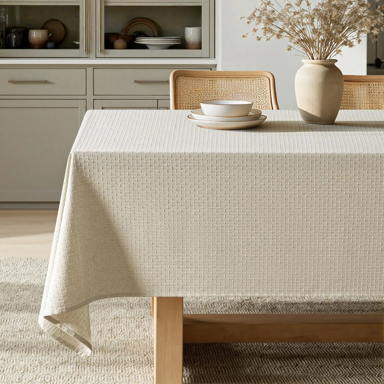 

Natural Beige Linen Cotton Table Cloth Rectangle Tablecloth Spring Waterproof Spillproof Cross-Star Textured Table Cltot