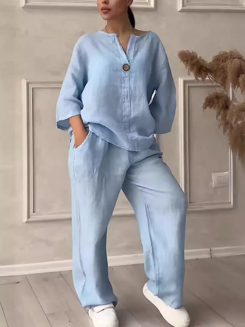 

Women's cotton and linen two-piece casual long sleeved button down loose shirt high elasticity wide leg loose suit