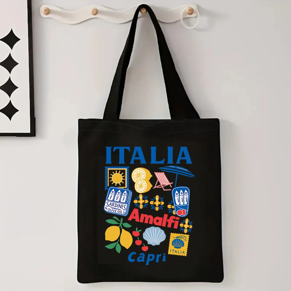 Italian Amalfi Capri Canvas Tote Bag Vintage Lemon Sardine Graphic Handbag Aesthetic Mediterranean Beach Summer Travel Bag