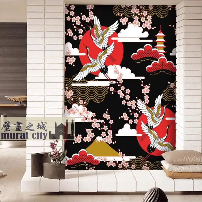 Custom 3D Japanese painted crane Ukiyo yo painting Sakura Mount Fuji wallpaper bedroom Living room sofa TV background wall 8d