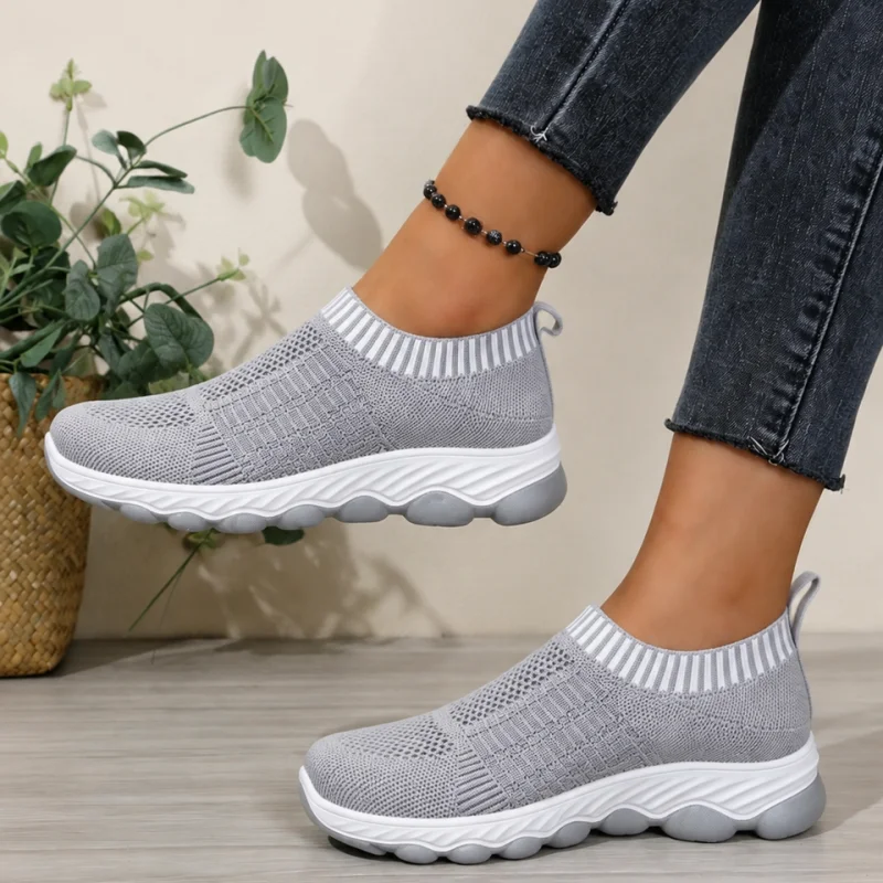 Gray Breathable Knit Mesh Slip-On Sneakers for Women, Lightweight Comfortable Shoes with Cushioned Wavy Sole view 2