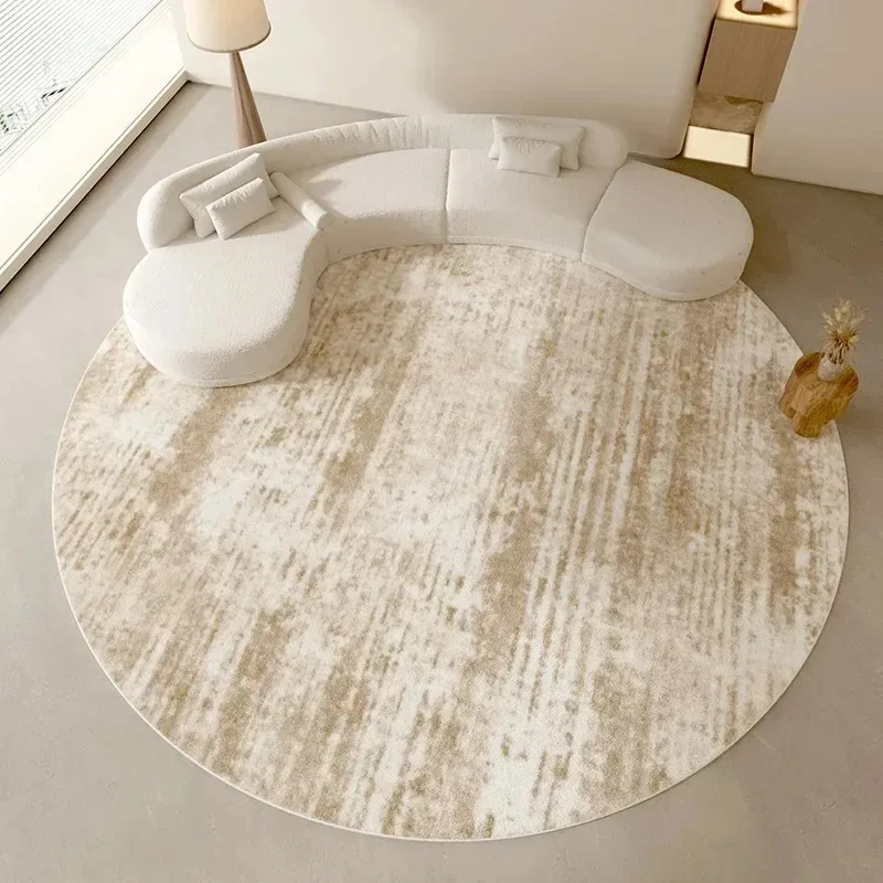 Beige Abstract Texture Round Rug Soft Flannel Modern Minimalist Carpet Neutral Tone Design, Living Room Bedroom Leisure Area