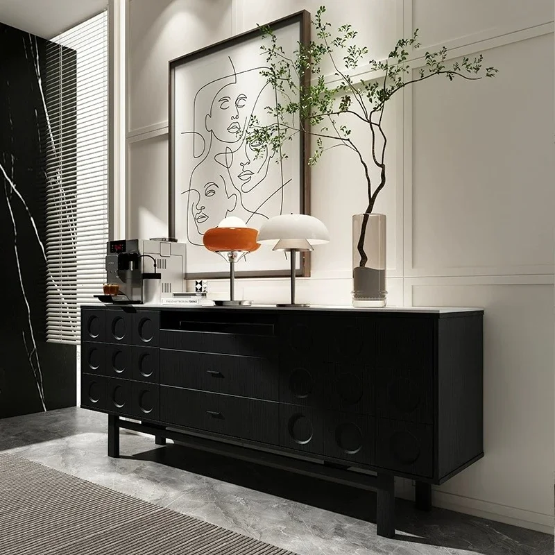 retro solid wood, decorative side cabinet, wabi-sandy light luxury medium and short bucket cabinet, black storage cabinet