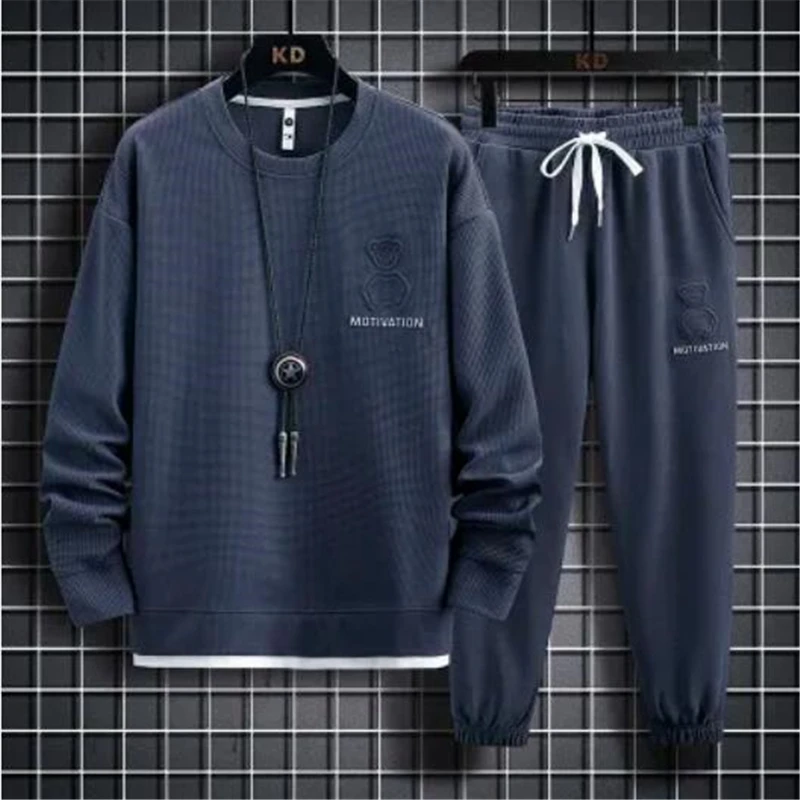 

Fashionable grey crew-neck hoodie trousers casual men's wear Autumn steel mark waffle lattice Pair suit athleisure two-piece set