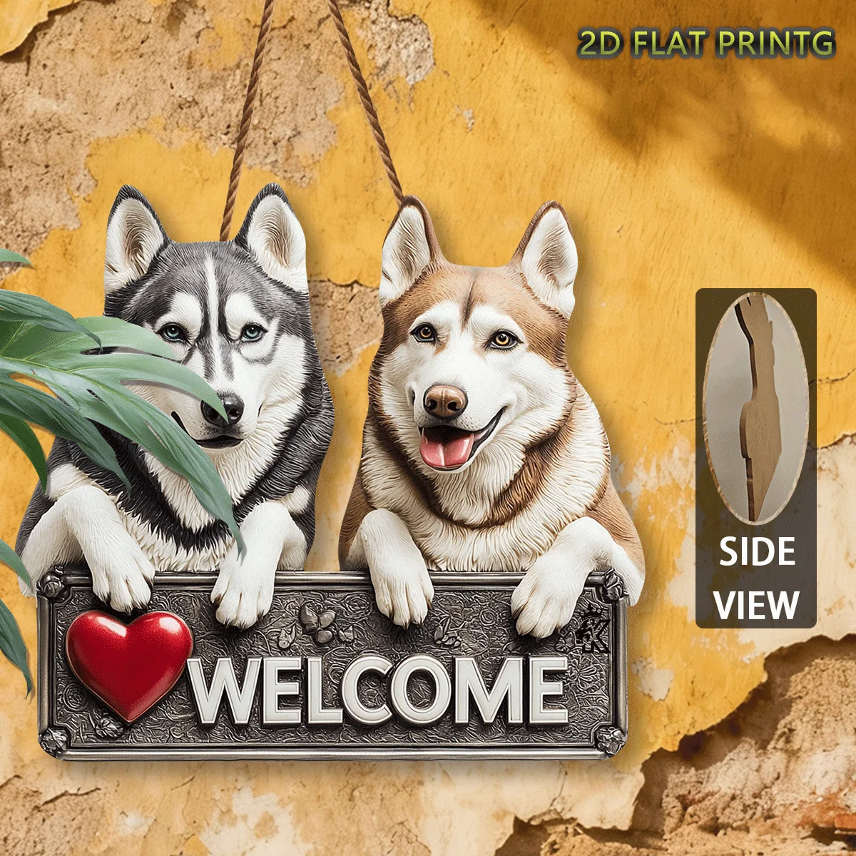 2D Flat,Wooden Signs, Outdoor Plaques and Wall Art, Husky with Welcome Sign,Outdoor Decor, Porch Decor,Gifts for Dog Lovers