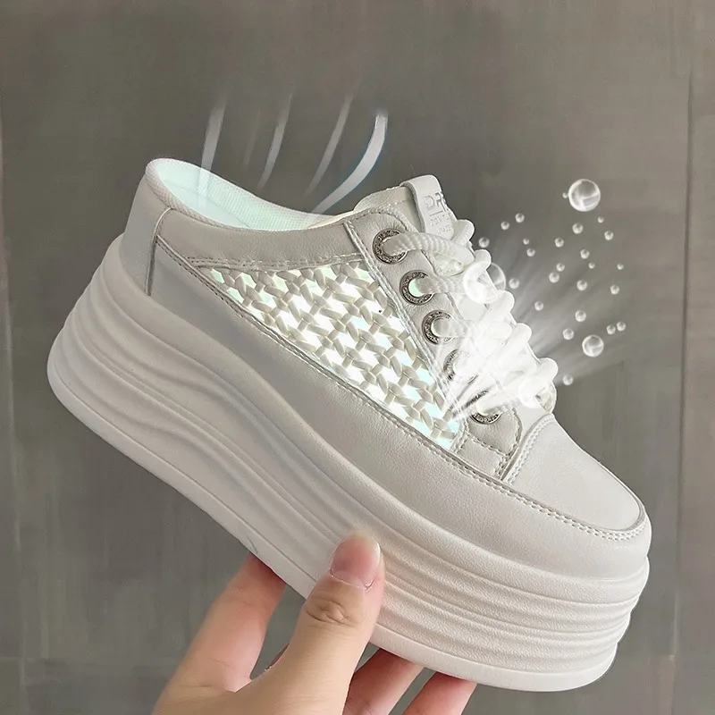 

Women's Lightweight Single Mesh Platform Sneakers 8CM Height Increasing Breathable White Casual Shoes