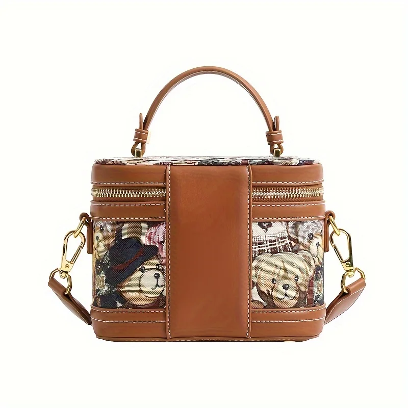 2024 New Cute Bear Pattern Bucket Bag, Cartoon Mini Box Handbag, Women Wide Strap Crossbody Bag Purse