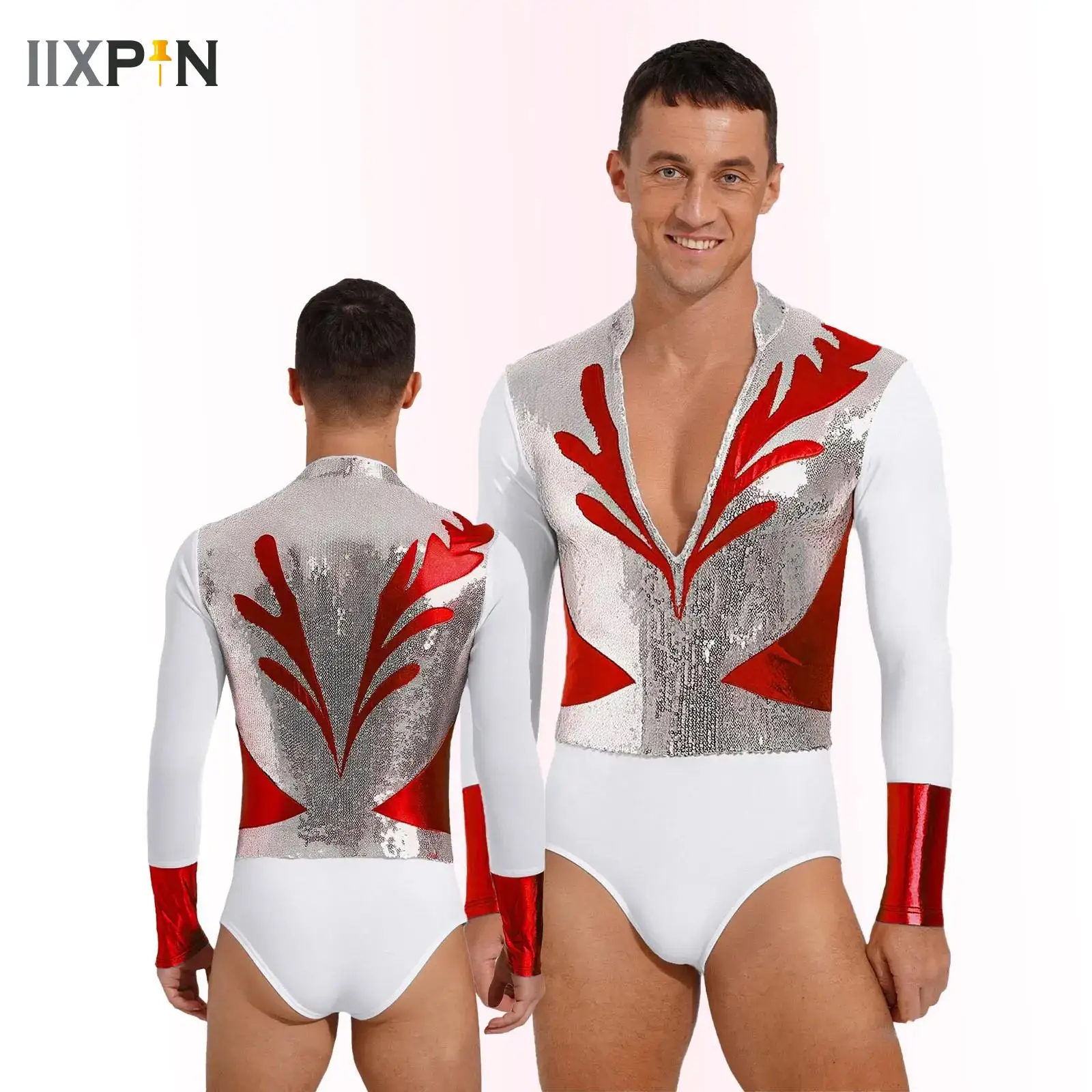 Herren-Eiskunstlauf-Bodysuit, Overalls, Pailletten, metallisch, langärmelig, Gymnastik-Trikot, Tanzkleidung für Ballett, lateinamerikanischer Tanz