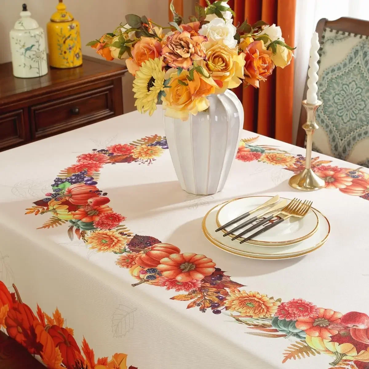 Fall Pumpkin Maple Leaf Rectangle Tablecloth Holiday Party Decor Farmhouse Kitchen Dining Tablecloth Thanksgiving Decorations