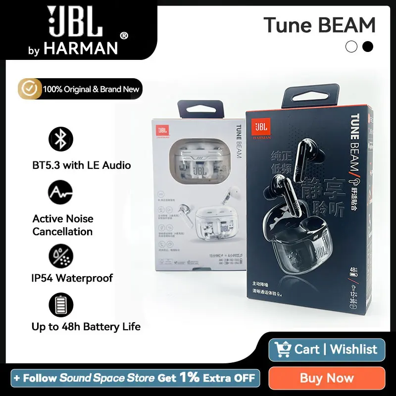 JBL Original TUNE BEAM GHSOT ANC Bluetooth 5.3 Earphone Active Noise Cancelling TWS Earbuds With Smart Ambient IP54 Waterproof