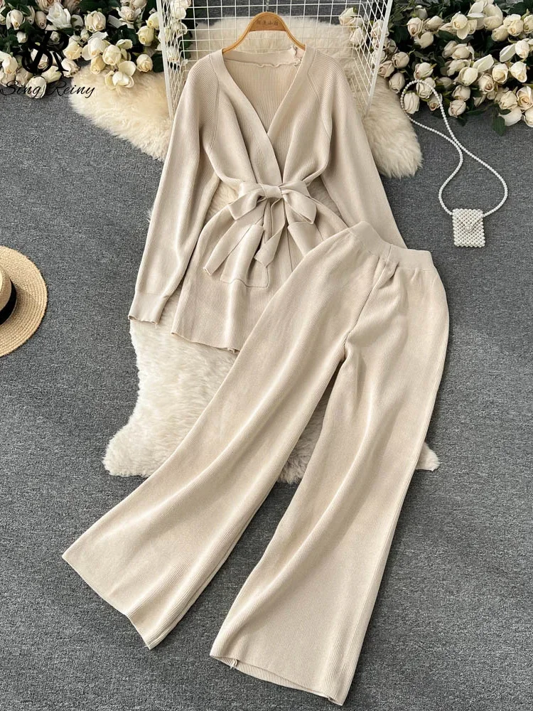 Long sleeved knitted cardigan jacket+elastic waist wide leg pants Women's loose sweater cover