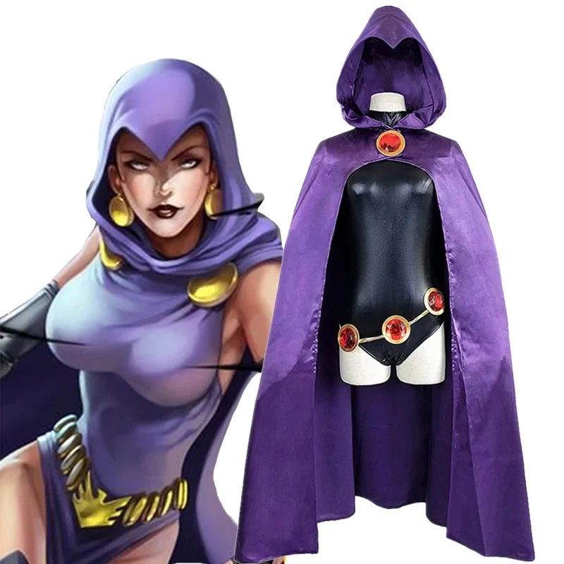 ティーン・タイタンズ-スーパーヒーロー-レイヴン-コスプレコスチューム-女性用-ブラックボディスーツ-パープルフード付きマント-ジャンプスーツ-ハロウィンパーティーコスチューム
