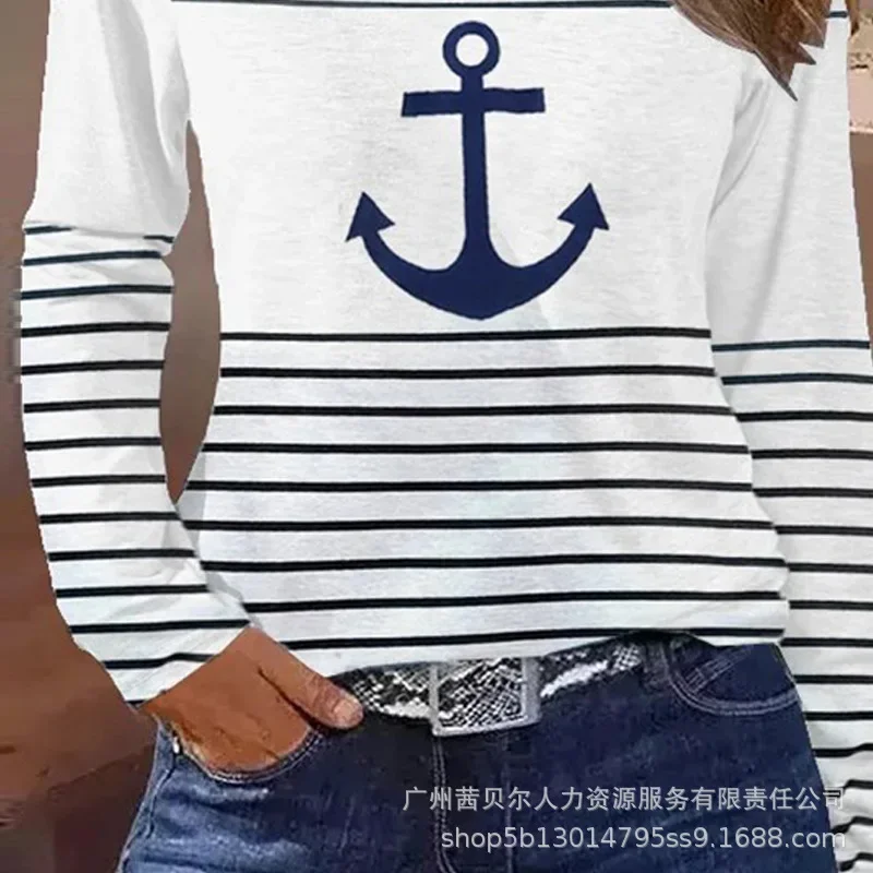 Anchor Print Striped Colorblock V-Neck Long Sleeve Top Women T Shirt Tee Fashion Casual Summer Spring