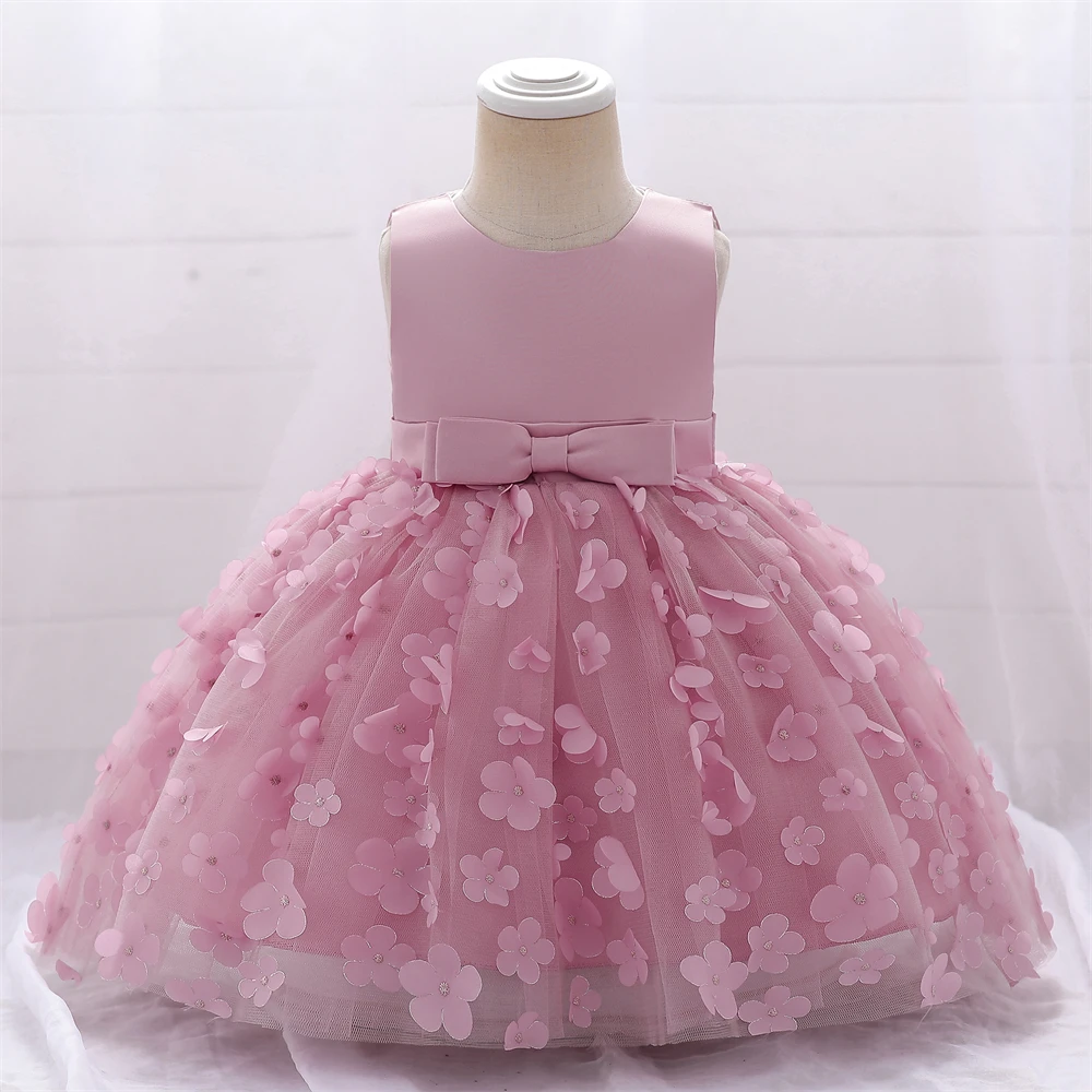 Baby Girls Flower Baptism Dress for Wedding White Bow 1st Birthday Party Princess Girl Dresses Tulle Bridemaids Evening Costumes