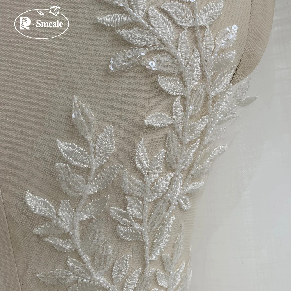 46 * 12.5CM High-quality Beaded Sequin Leaves  Embroidered Lace Big Mirror Flower Applique  Patch DIY Wedding Accessories Sewing