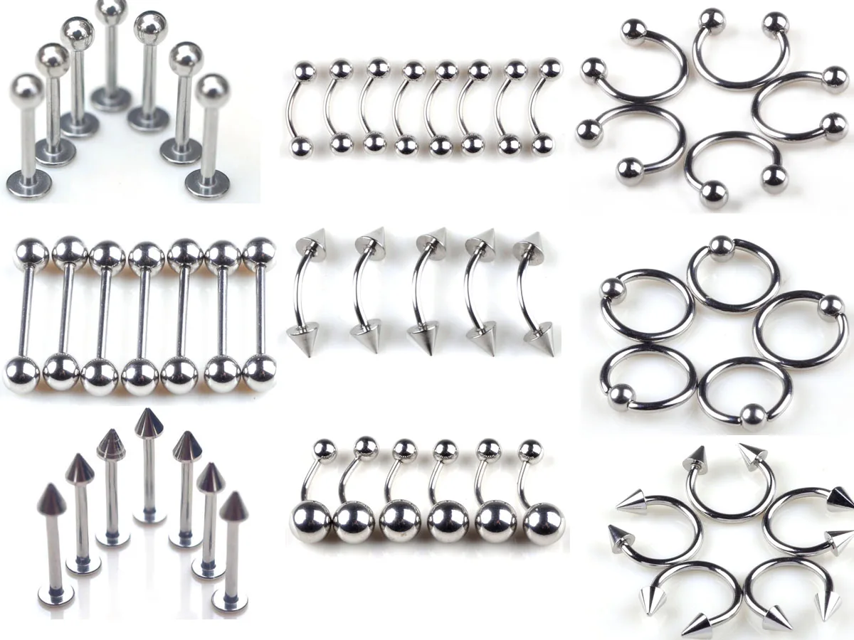 45PCS Surgical Steel Body Piercing Jewelry Lot Bulk Nose Ring Tongue Bar Lot Eyebrow Labret Piercing Set Horseshoe Ring