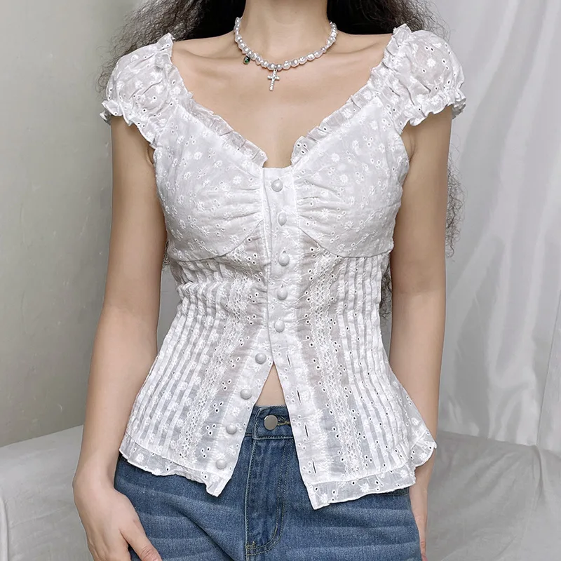 2000s French Pure Desire Girl Cute Bubble Sleeve Pure Colour Tops Summer Pleated Lace Button Cardigan Short Sleeve Slim T-shirt