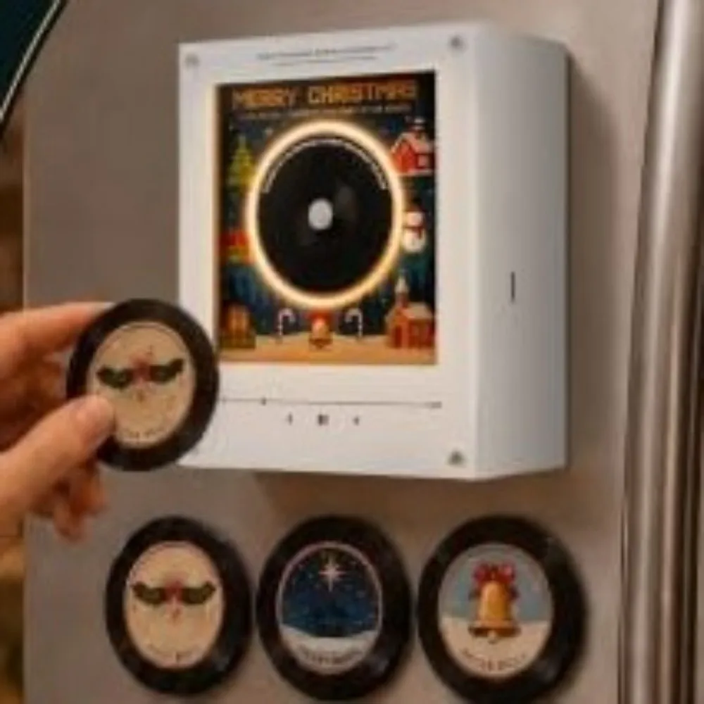 Christmas Mini Vinyl Record Music Player Refrigerator Magnet with 9 NFC Fridge Records NFC Music Box Magnetic Music Player