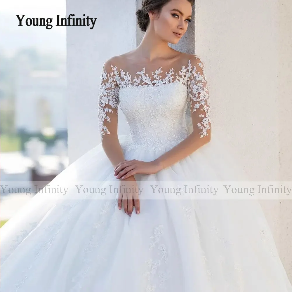 Elegant Fluffy Wedding Dresses Bridal Gown Round Neck Long Sleeves Vestidos De Novia Beautiful Bridal Dresses Lace Applique