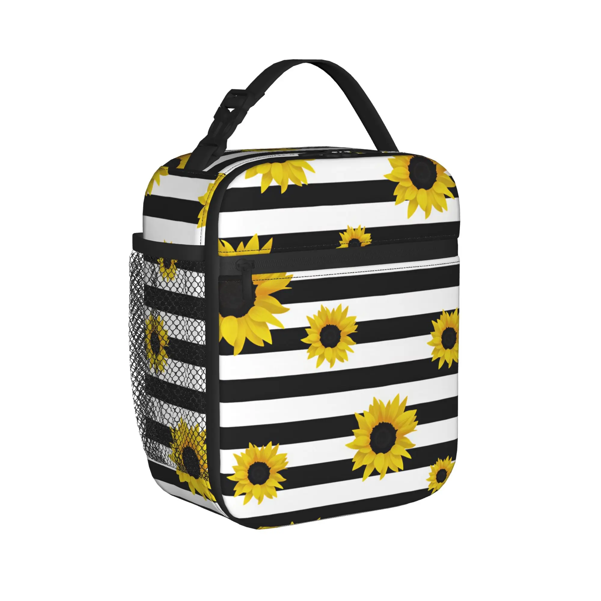 Sunflower Monochrome Stripes Lunch Bag For Child  Print Picnic Lunch Box Cute Portable Oxford Cooler Bag