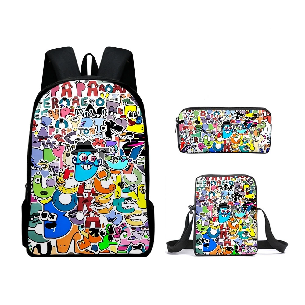 Kids Cartoon Games Alphabet Lore Backpack Alphabet Legend Shoulder Bag Crossbody Pencil Bag Rucksack 3 Piece Waterproof Mochila