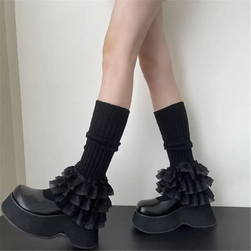 

L5YC Эстетические элегантные многослойные гетры с рюшами и кружевной отделкой для женщин, японские ребристые вязаные накладки на