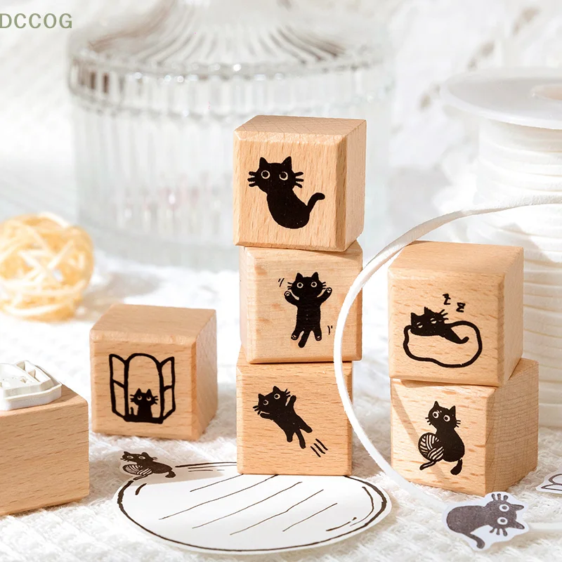 Sello de sello de madera de gato negro, sellos de madera decorativos de gatito lindo para diario, álbum de recortes, letras, fabricación de tarjetas artesanales DIY