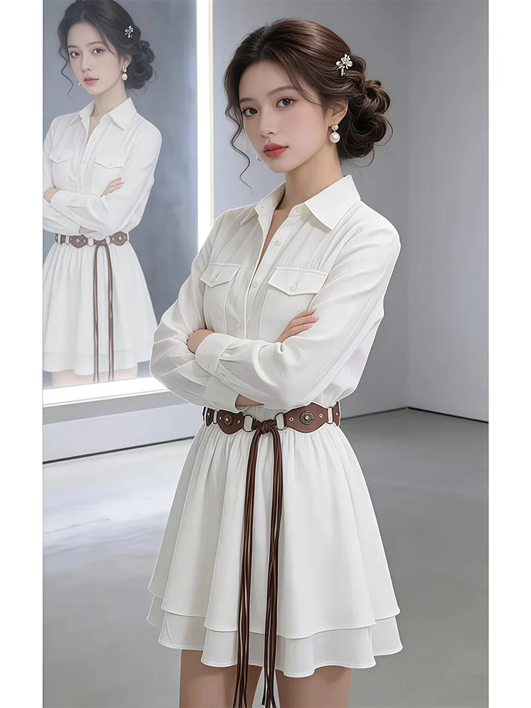 

Casual White Shirt Dress Women's High Waist A-Line Skirt Spring Summer New Style Korean Lady Wind Breathable Comfortable