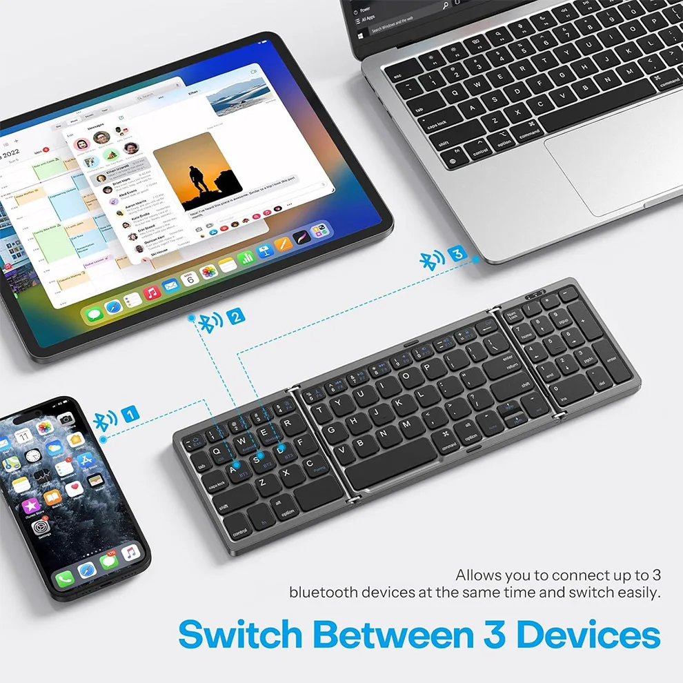 Teclado Bluetooth sem fio dobrável com almofada numérica, recarregável, multi-dispositivos, iPad, iPhone,Tablet