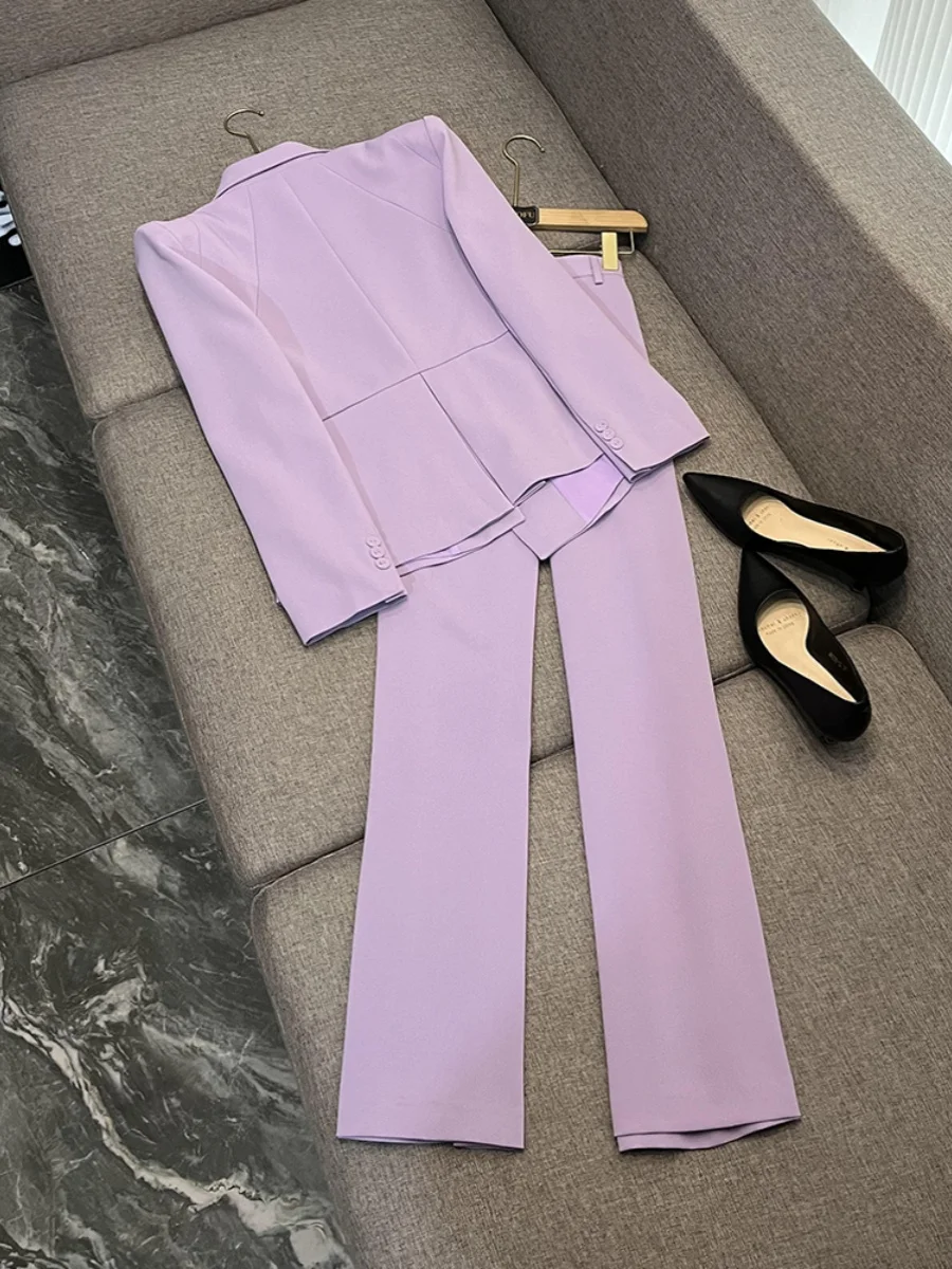 Fashionable Business Commute Pearl Flower Waist Chain Suit Jacket Wide Leg Pants Set Elegant Professional Women's Ensemble