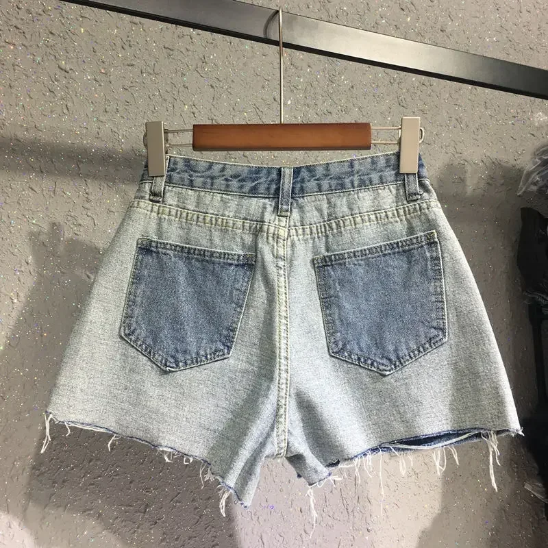 2024 Women's Summer New Internet Celebrity Stitching Contrast Color Denim Shorts Reverse Outer Wear High Waist Hot Pants