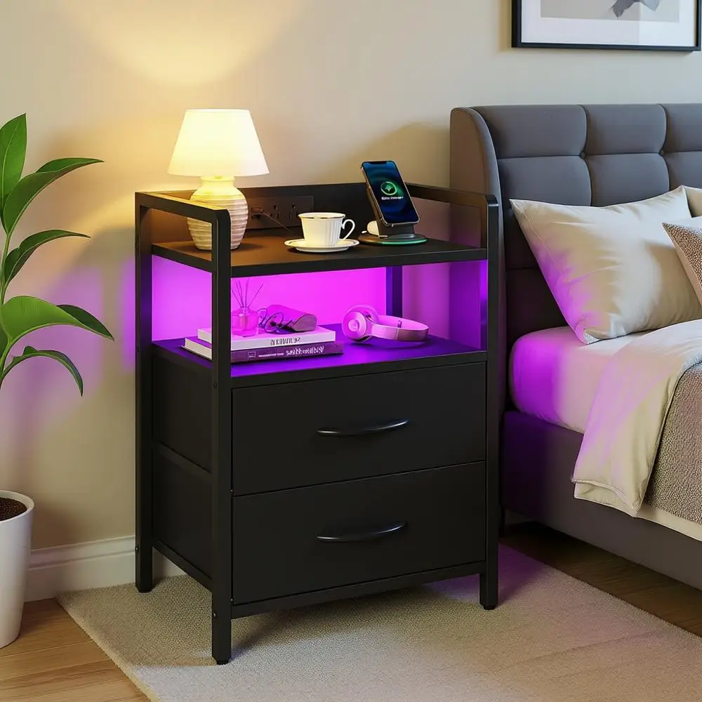 

Modern Charging Nightstand with LED, Storage Shelves & Fabric Drawers, USB Ports & AC Outlet, Black
