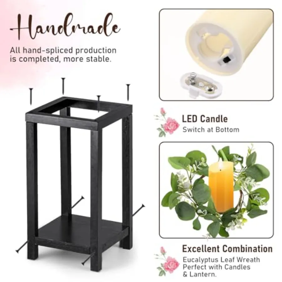 Juego de 12 linternas de madera negras de 10,59 pulgadas y 13 pulgadas para centros de mesa de boda con 12 velas LED y 12 coronas de hojas de eucalipto rústicas