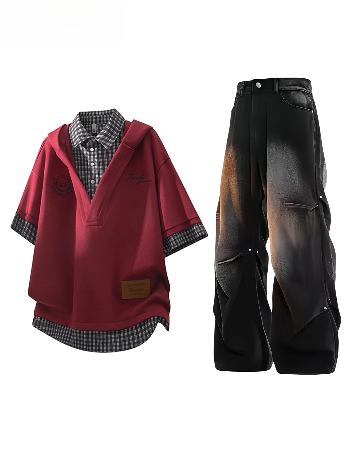 Camiseta Masculina de Manga Curta com Capuz Xadrez Patchwork da Marca Americana Trendy Wassup Vals - Conjunto Vintage Casual ...